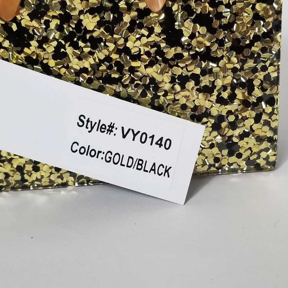 LIKE DREAMS Alexa Confetti Glitter Acrylic Purse Clutch Gold Black Crossbody New
